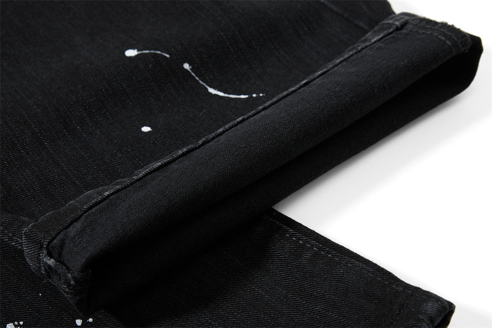 Wide-Leg Jeans Men – Washed Denim, Rhinestone Cross & Paint Splatter Detail