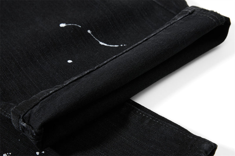 Wide-Leg Jeans Men – Washed Denim, Rhinestone Cross & Paint Splatter Detail