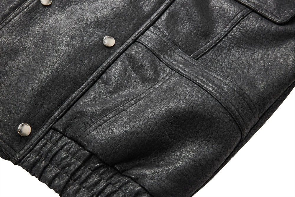 Men's Brown Leather Jacket PU Moto-Style High Collar Snap Button Bomber