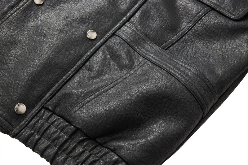 Men's Brown Leather Jacket PU Moto-Style High Collar Snap Button Bomber