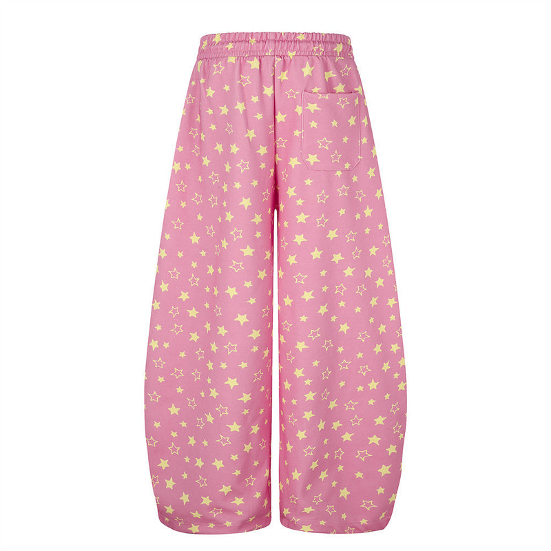 Pink wide leg star print sweatpants, back view with rear patch pocket