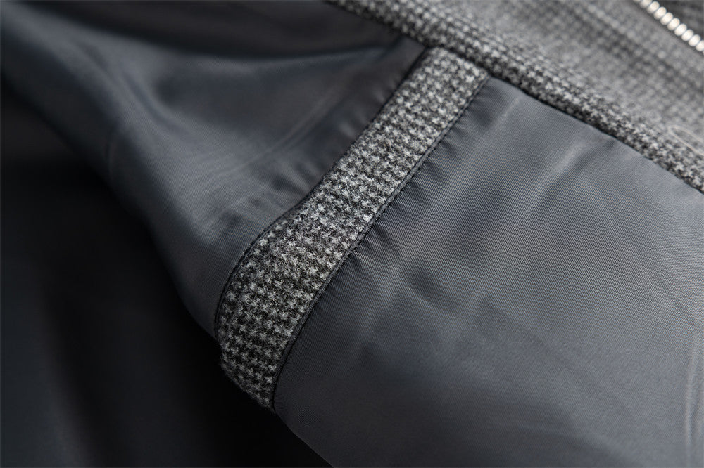 Men's Houndstooth Wool-Blend Bomber Jacket with Leather Collar & Cuffs