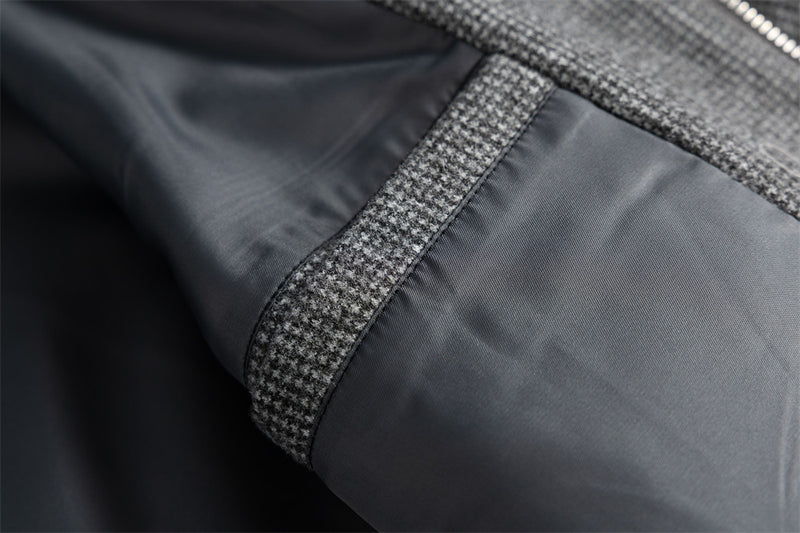 Men's Houndstooth Wool-Blend Bomber Jacket with Leather Collar & Cuffs