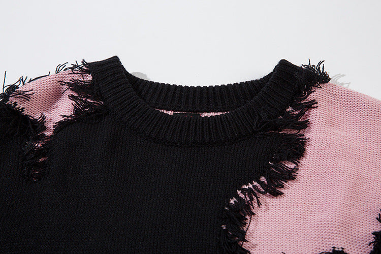 Pull en maille color block effet usé – Pull oversize à franges, style high-street