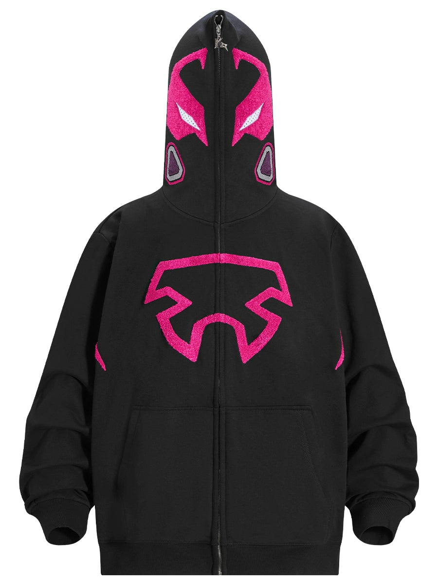 Futuristic Warrior Hoodie - 400GSM Oversized Sci-Fi Pink and Black Zip-Up Sweatshirt