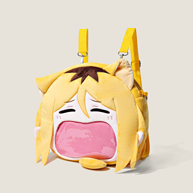 The Haikyuu!! Miya Atsumu Plush Shoulder Bag by Seakoff is a fun anime-inspired design featuring a character's face with exaggerated features, yellow fabric for hair and ears, and bright yellow straps. It includes a transparent mouth pocket for extra flair.