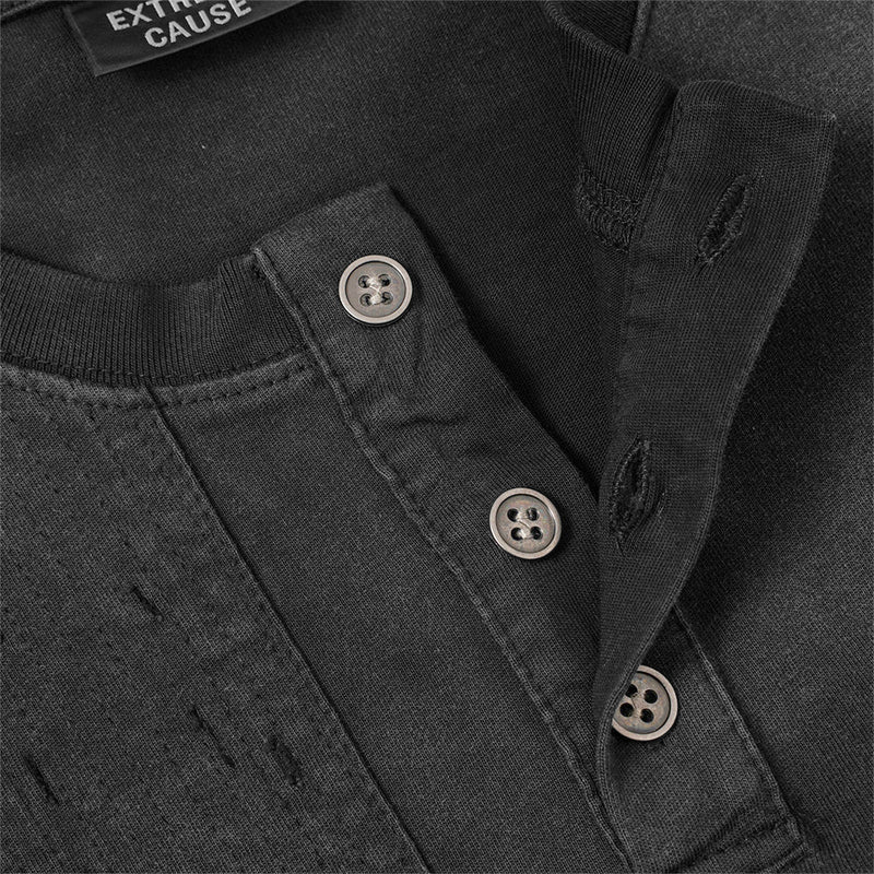 Chemise Henley manches longues patchwork à carreaux pour homme – Délavée et usée, façon