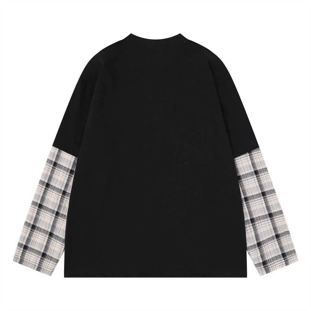 Plaid Splice Long Sleeve Graphic T-Shirt – Faux Two-Piece Streetwear Top