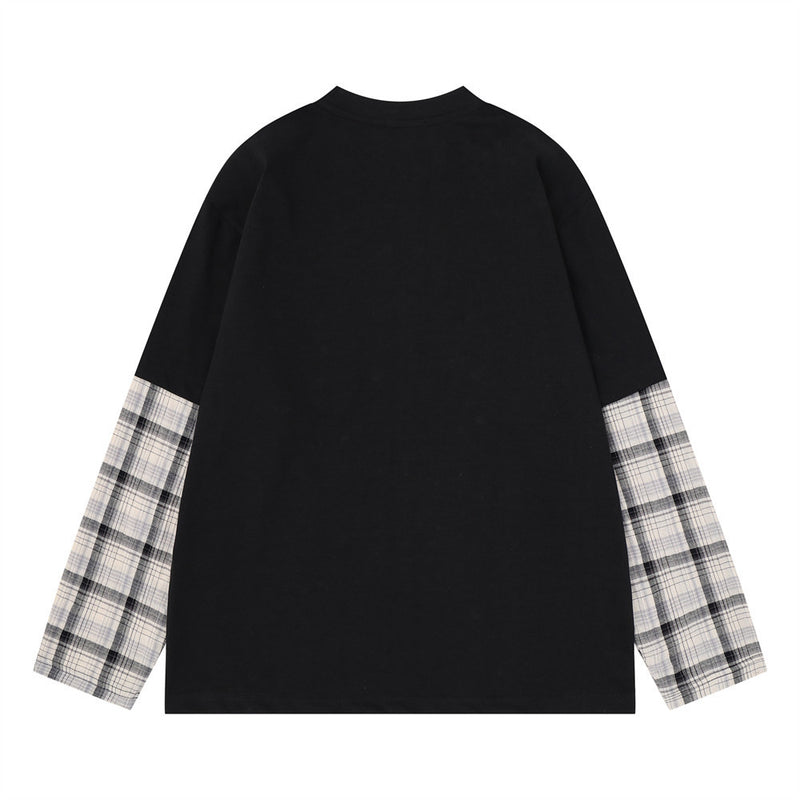 Plaid Splice Long Sleeve Graphic T-Shirt – Faux Two-Piece Streetwear Top