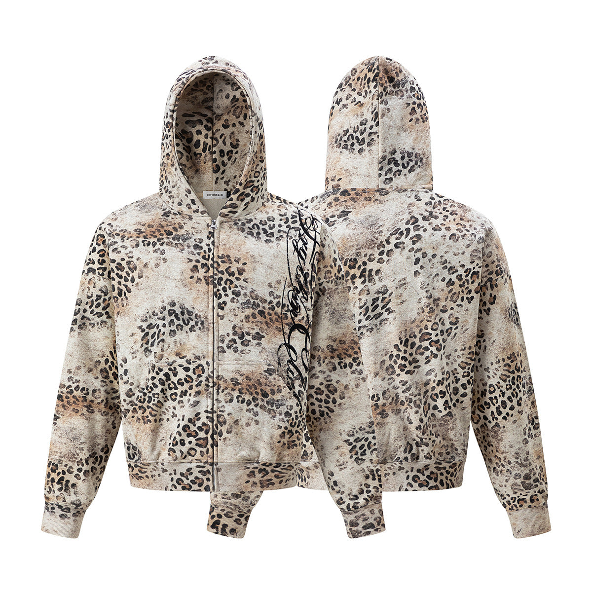 Zip-Hoodie mit Leopardenprint – Vintage-Distressed-Allover-Print, Unisex