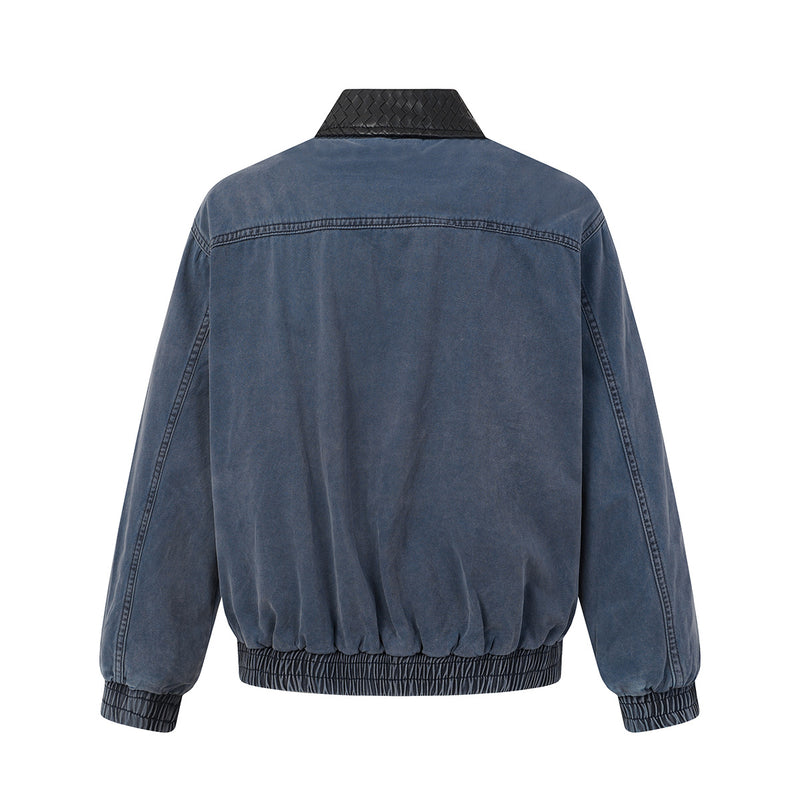 Veste bomber en denim délavé avec col en similicuir tressé – Vintage déconstruit
