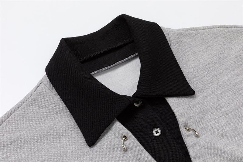 Oversized Faux Two-Piece Polo Sweatshirt with Striped Sleeves and Letter Graphic