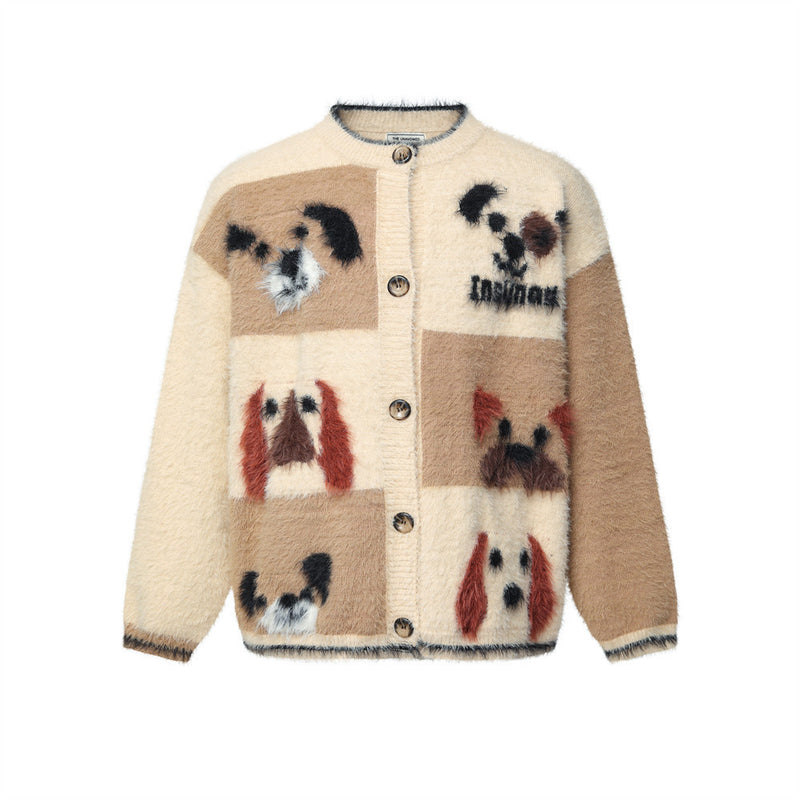 Cartoon Dog Fuzzy Knit Cardigan Sweater – Streetwear Button-Up