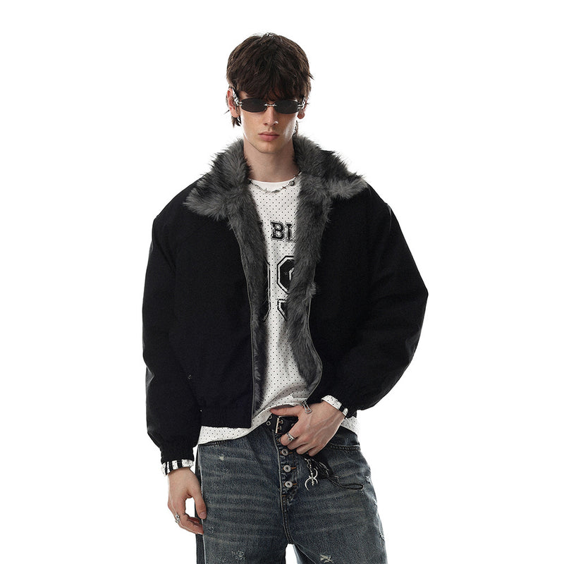 Faux Fur Collar Bomber Jacket – Men's Oversized Short Padded Coat