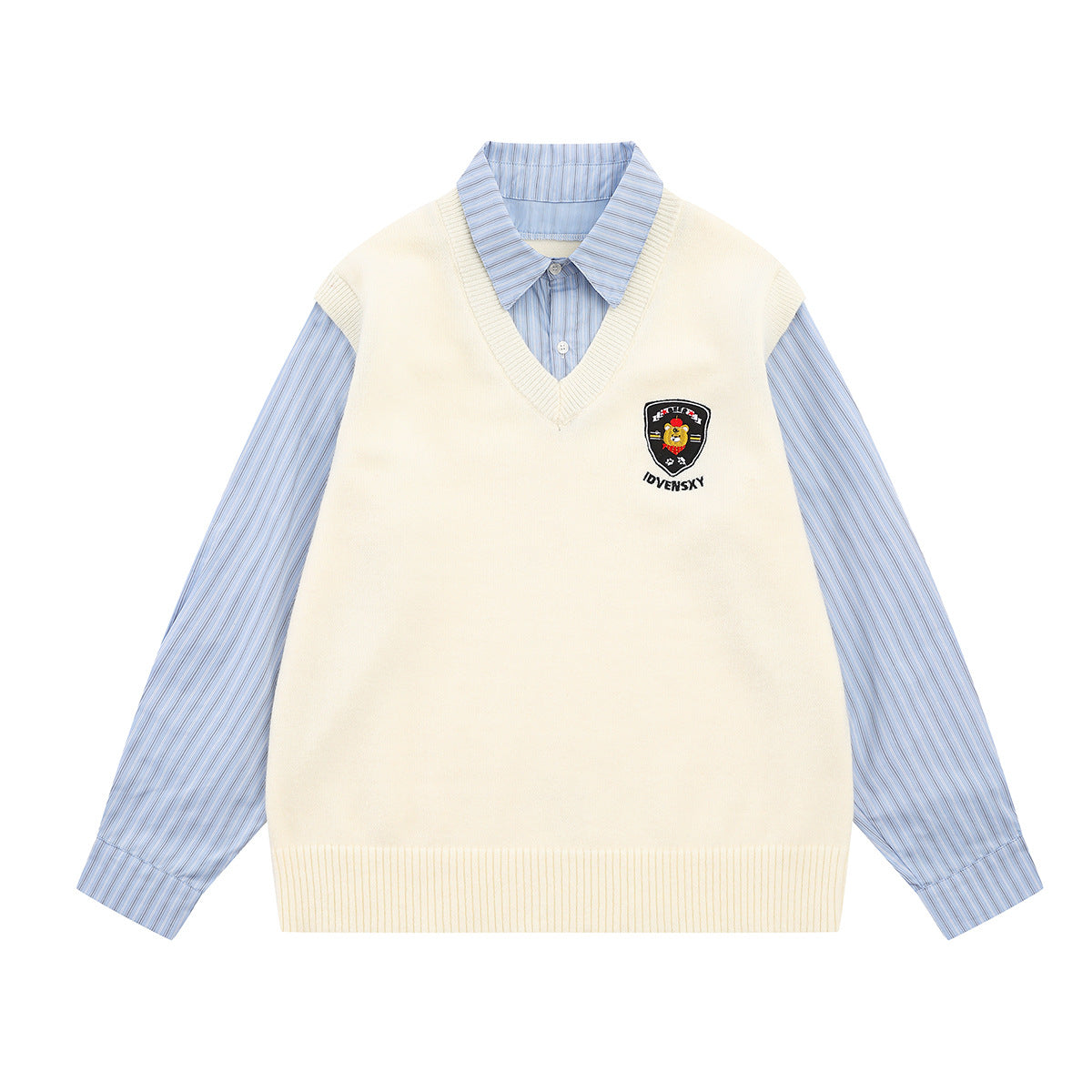 Campus-Style Knit Sweater Vest Layered Shirt with Badge Patch and Striped Tie