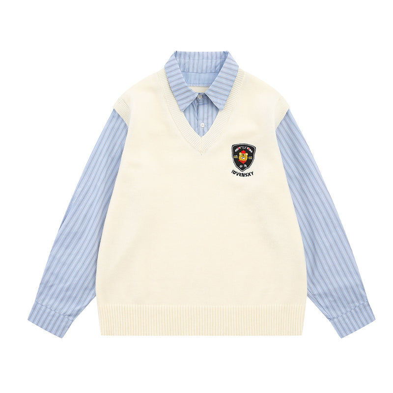 Campus-Style Knit Sweater Vest Layered Shirt with Badge Patch and Striped Tie