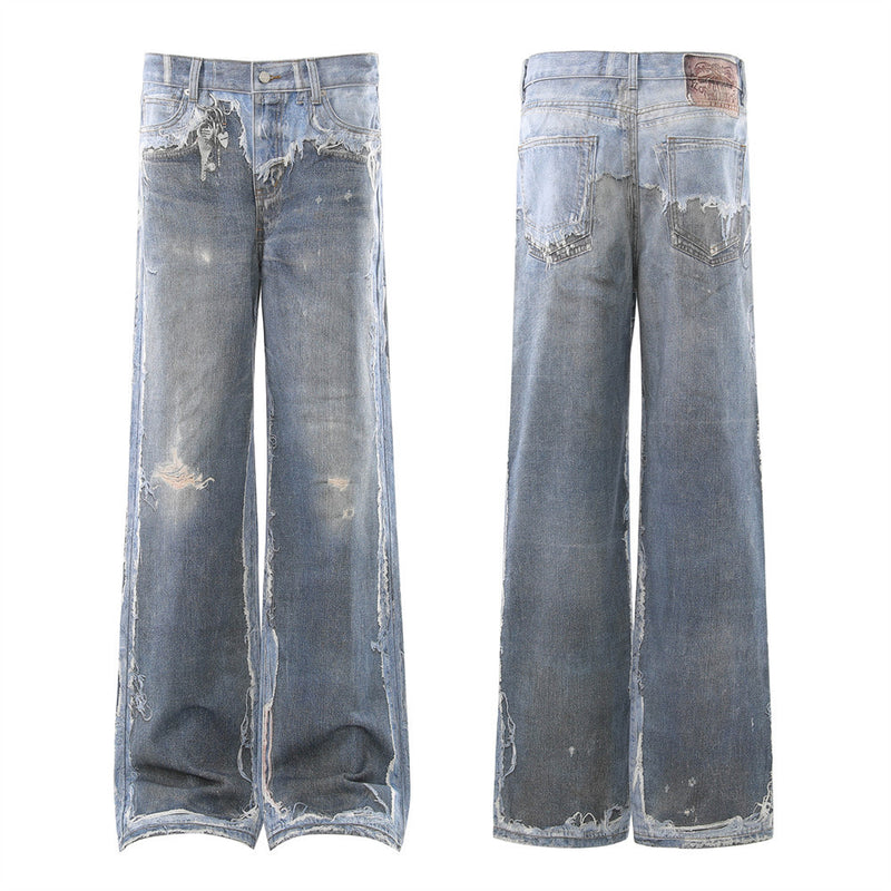 Wide-Leg Distressed Jeans – Post-Apocalyptic Raw-Edge Washed Denim
