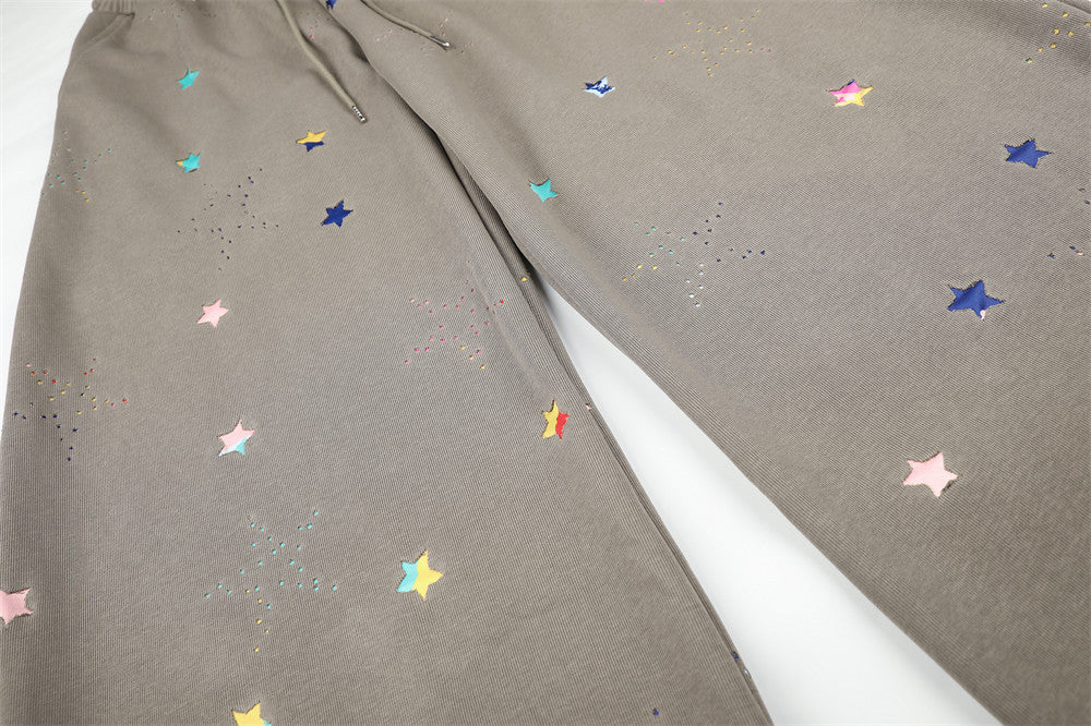 Colorful Star Print Wide-Leg Sweatpants – Relaxed Fit Curved Hem Casual Pants