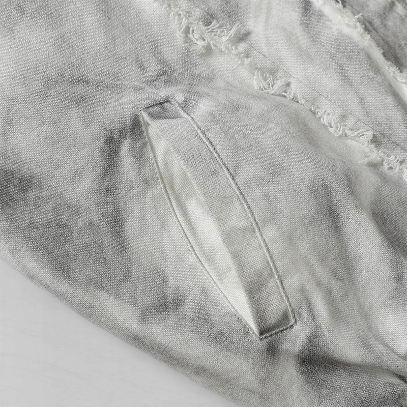 Men's Washed Distressed Zip-Up Hooded Jacket with Raw-Edge Patchwork