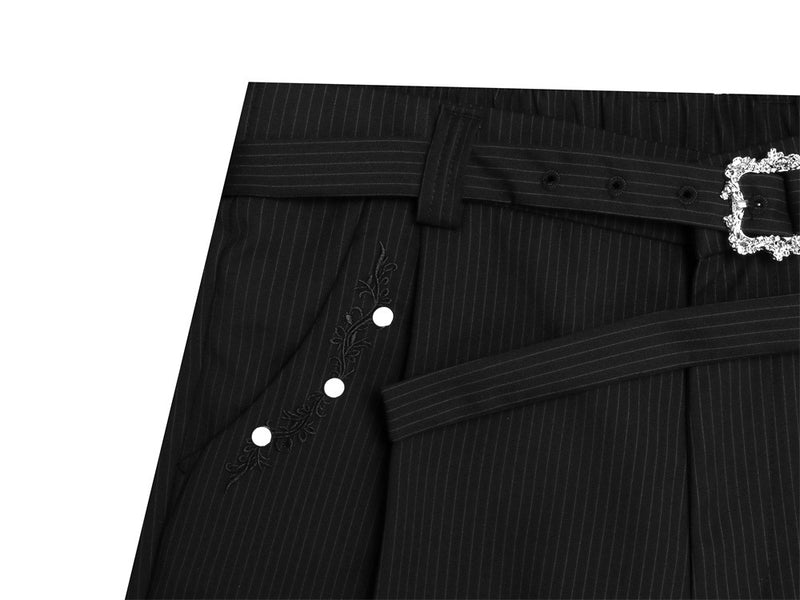 Pantalon ample rayé pour homme avec broderies florales et ceinture