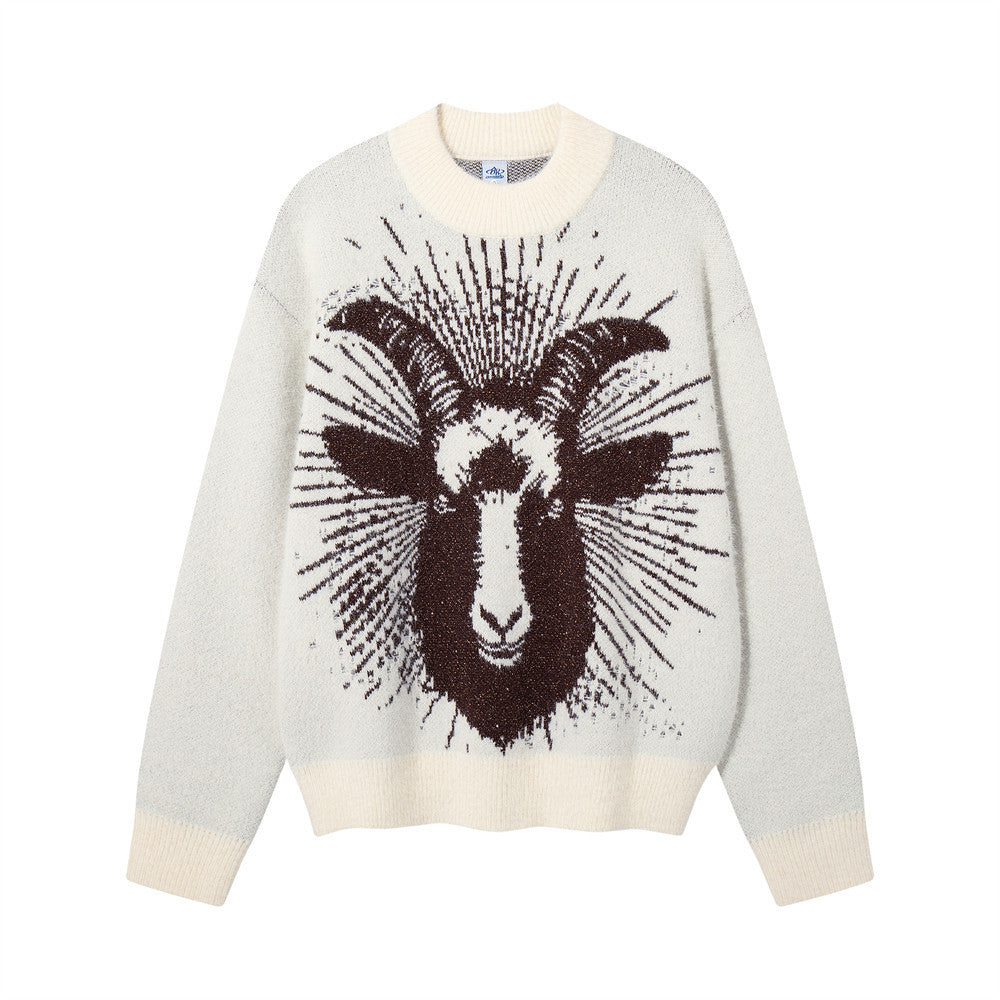 Goat Head Jacquard Crewneck Sweater – Oversized Knit Pullover