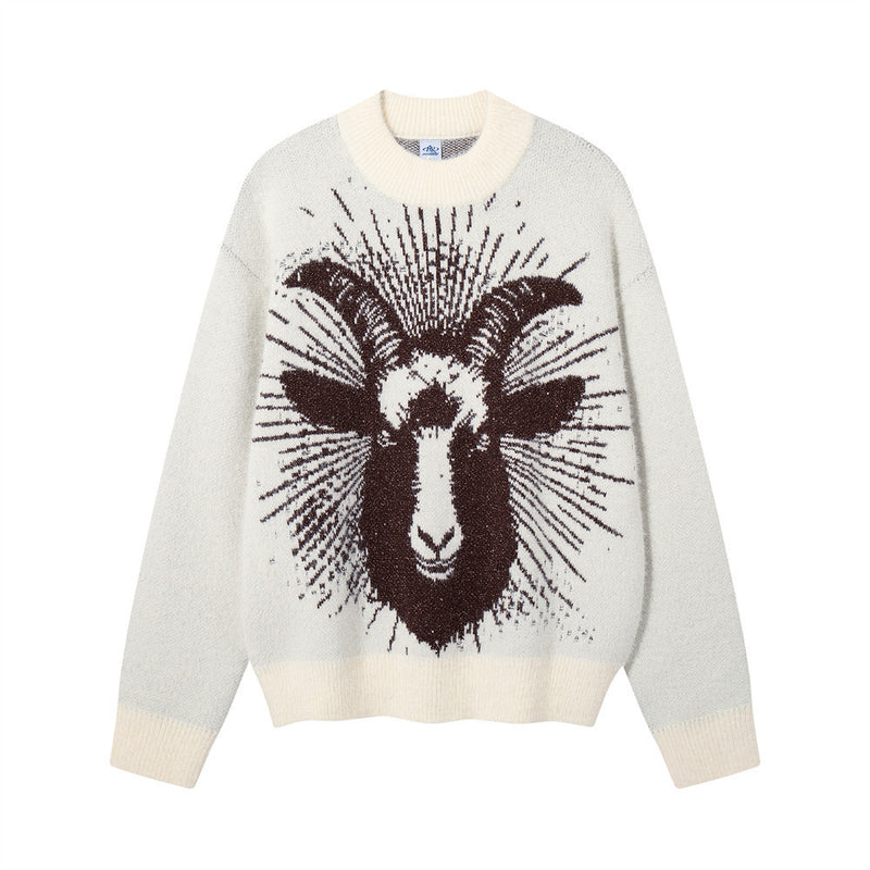 Goat Head Jacquard Crewneck Sweater – Oversized Knit Pullover