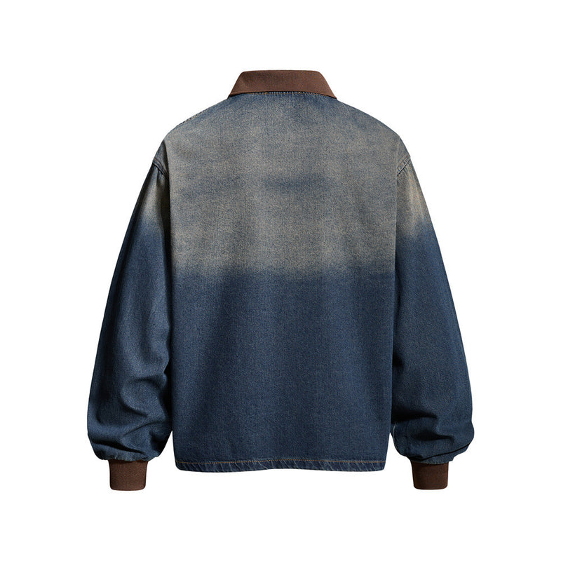 Washed Denim Long-Sleeve Polo Sweatshirt – Vintage Tie-Dye Fade, Oversized Fit