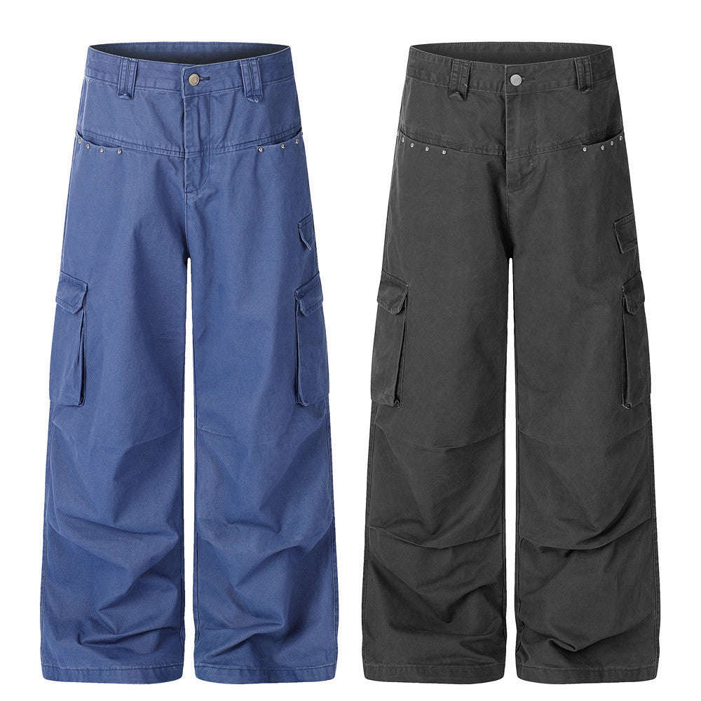 Pantalon cargo homme à jambes larges – Ceinture cloutée multi-poches, coupe droite décontractée