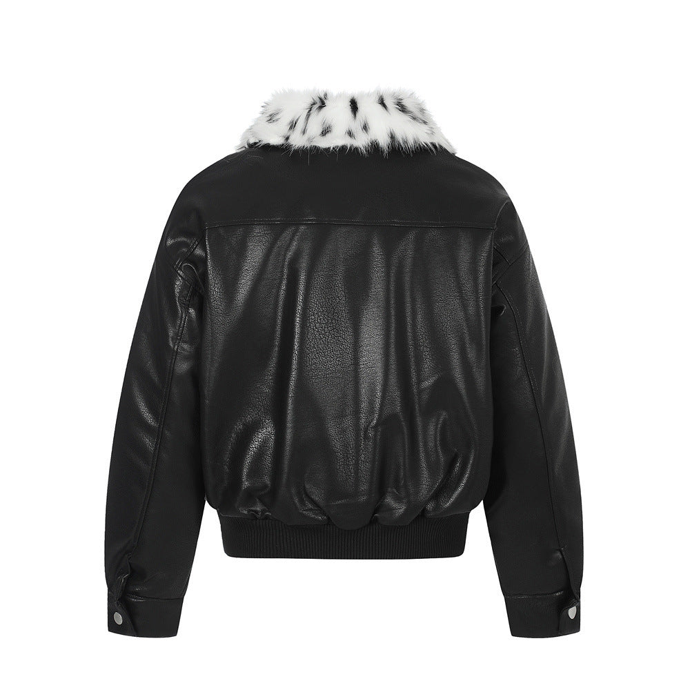 Men's Faux Leather Bomber Jacket with Diagonal Zip & Faux Fur Collar