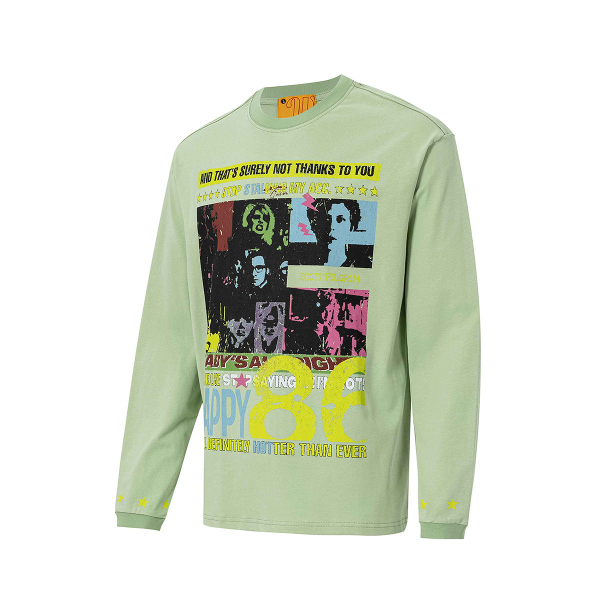 Camiseta gráfica de manga larga – Estampado pop art retro de Scott Pilgrim, cuello redondo streetwear