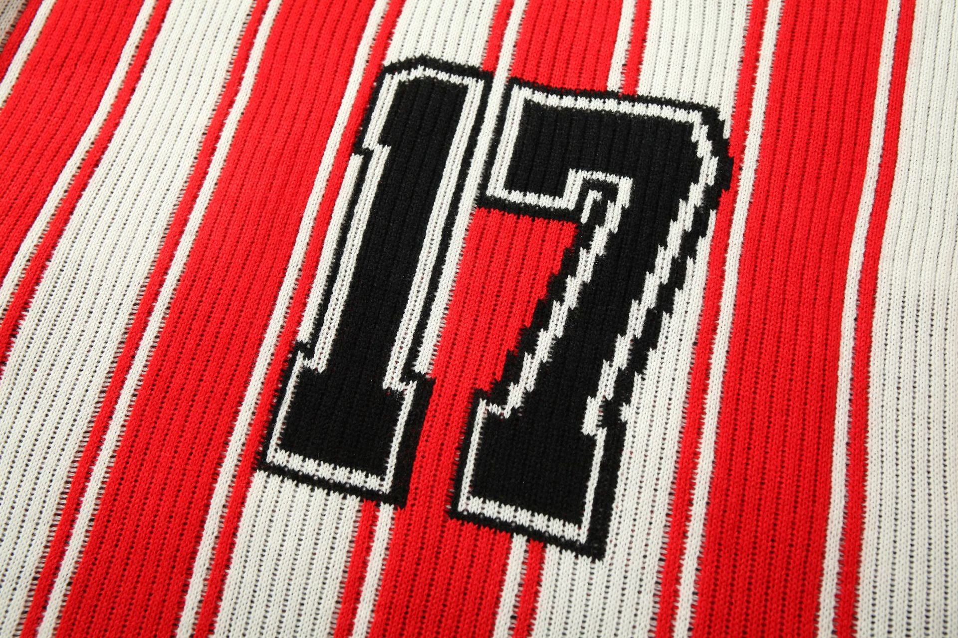 Red and White Striped V-Neck Sweater – Number 17 Oversized Knit Sports Jersey