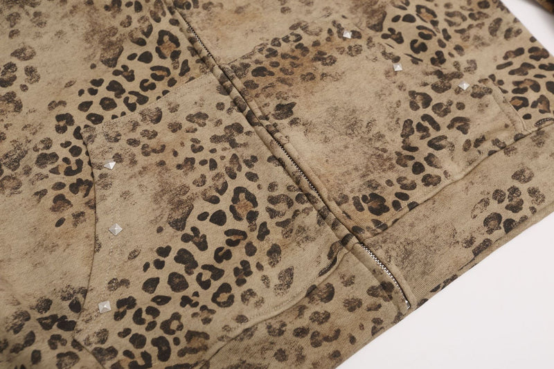 Leopard Print Zip-Up Hoodie – Vintage Distressed Rhinestone Studded Oversized