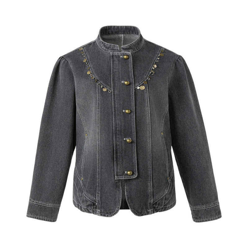 Men's Washed Denim Jacket with Metal Coin Chain Trim & Brass Buttons — Punk