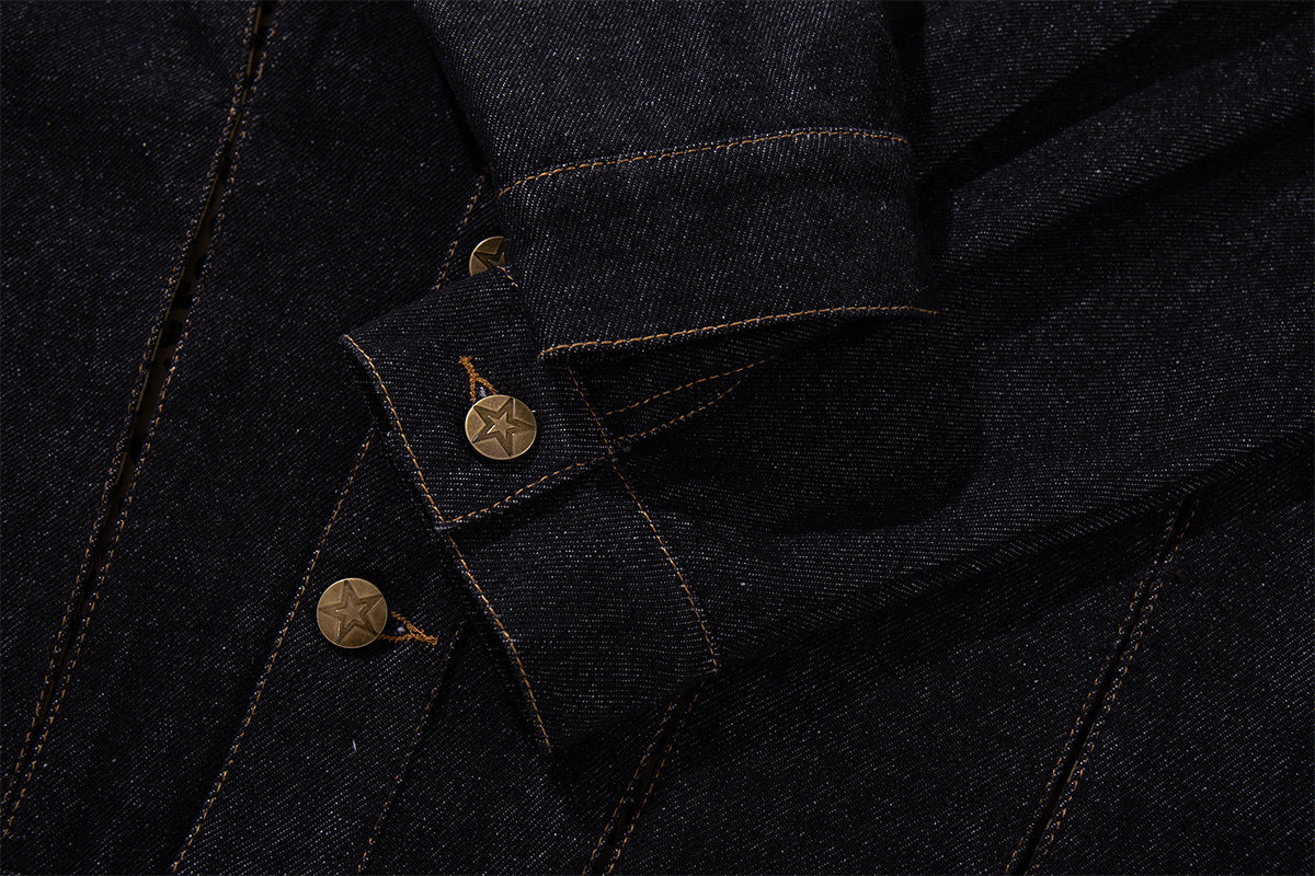 Dark Denim Boxy Jacket with Leopard Print Inset Panels