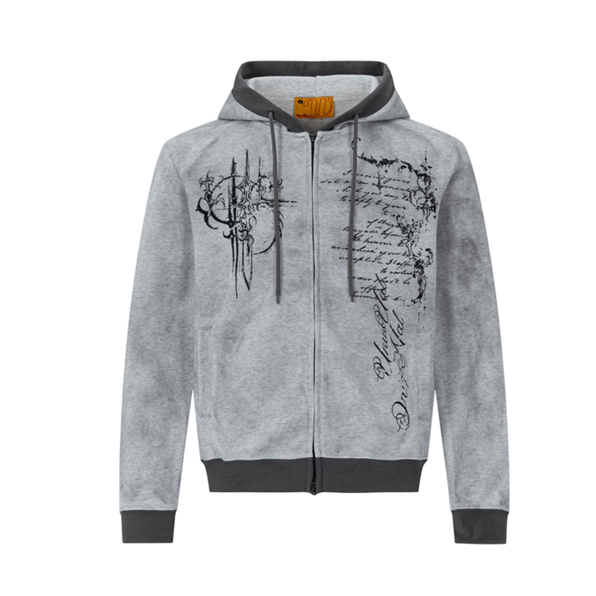 Hoodie mit Reißverschluss, Gothic-Schriftzug und Kreuzmotiv in meliertem Grau mit kontrastierenden anthrazitfarbenen Rippbündchen, Vorderansicht