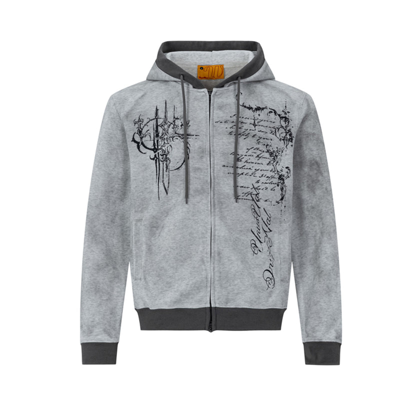Hoodie mit Reißverschluss, Gothic-Schriftzug und Kreuzmotiv in meliertem Grau mit kontrastierenden anthrazitfarbenen Rippbündchen, Vorderansicht