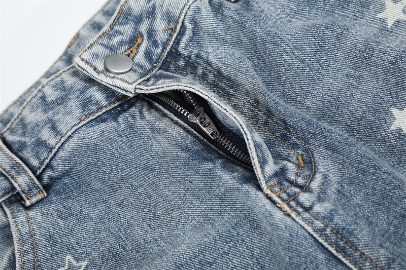 Star Embroidered Distressed Wide-Leg Jeans – Washed Baggy Denim with Ripped Knee