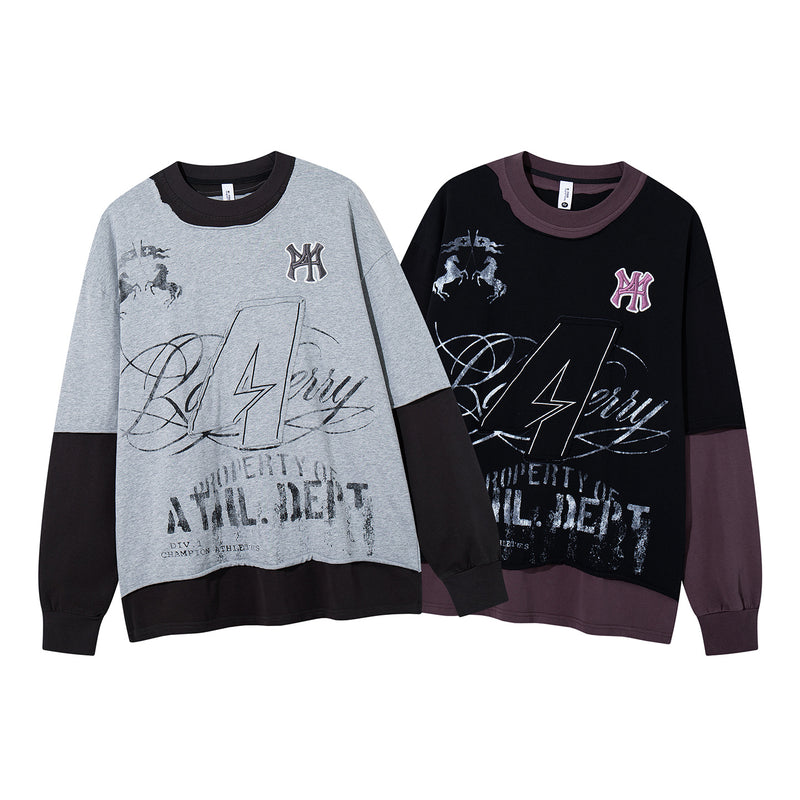 T-shirt oversize color block à motif, manches longues – Haut streetwear à effet deux pièces