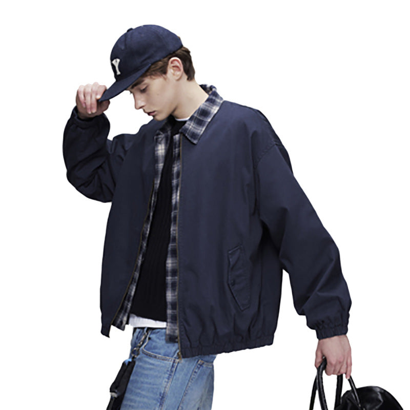 Layered Plaid Collar Bomber Jacket – Relaxed Fit Men's Workwear Zip-Up