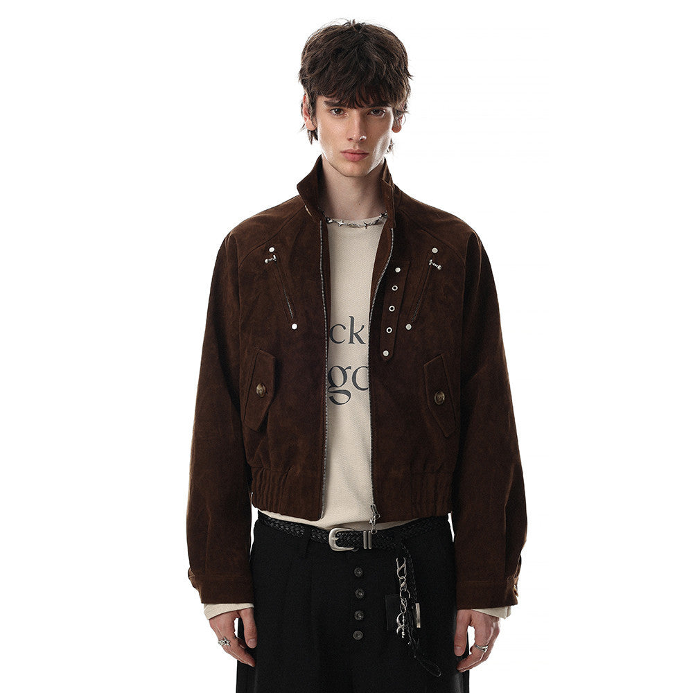 Cropped mens bomber jacket in deep brown with stand collar, double-pull zip, metal studs and snap-button flap pockets