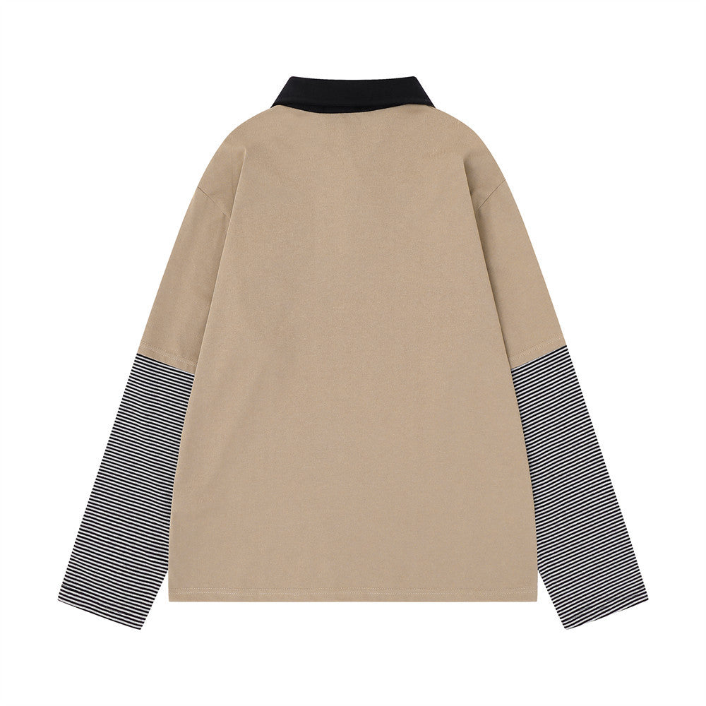 Khaki long sleeve polo shirt back view with black collar and striped sleeves