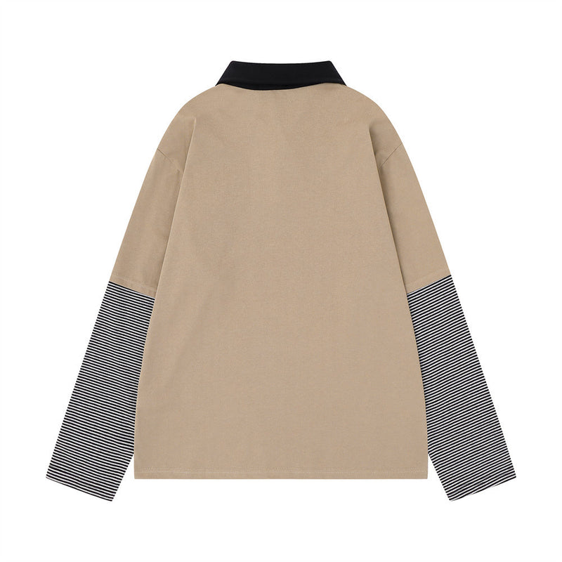 Khaki long sleeve polo shirt back view with black collar and striped sleeves