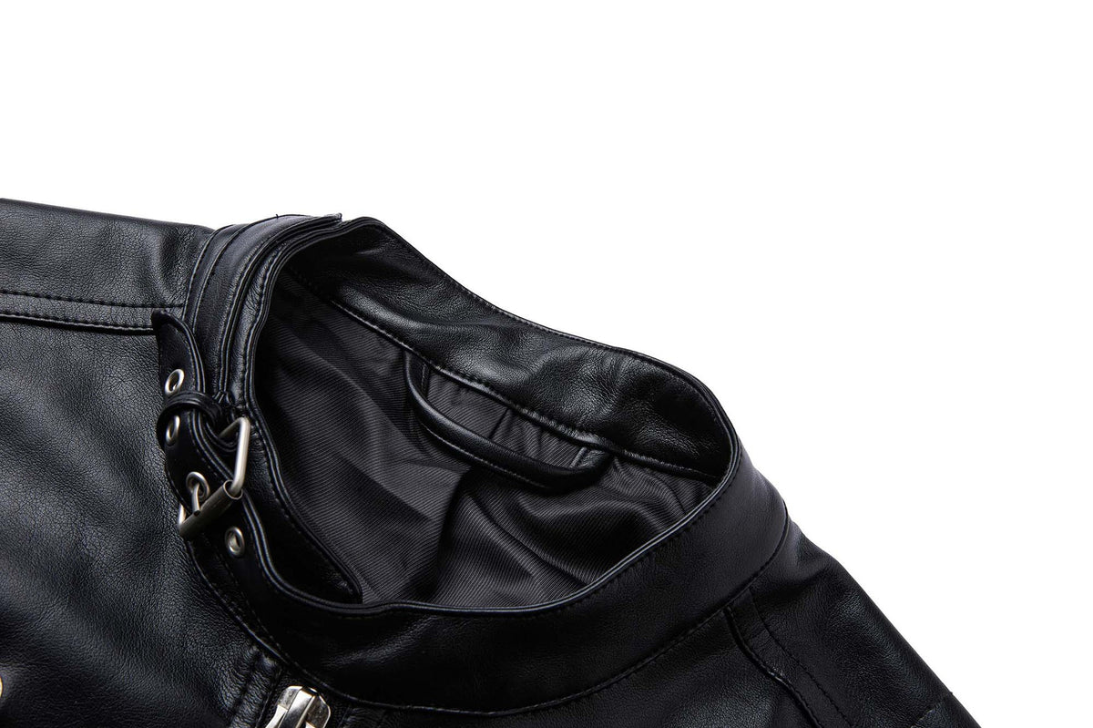 Black PU Leather Moto Jacket – Vintage Biker Style with Stand Collar & Silver
