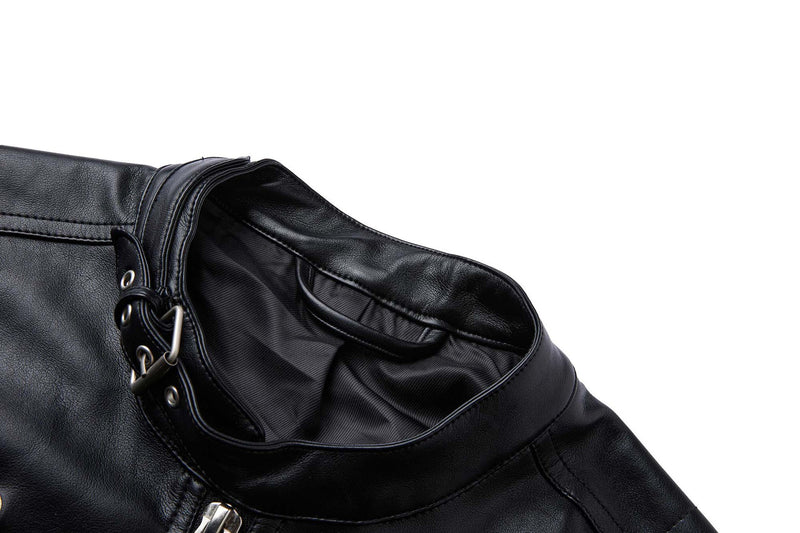 Black PU Leather Moto Jacket – Vintage Biker Style with Stand Collar & Silver