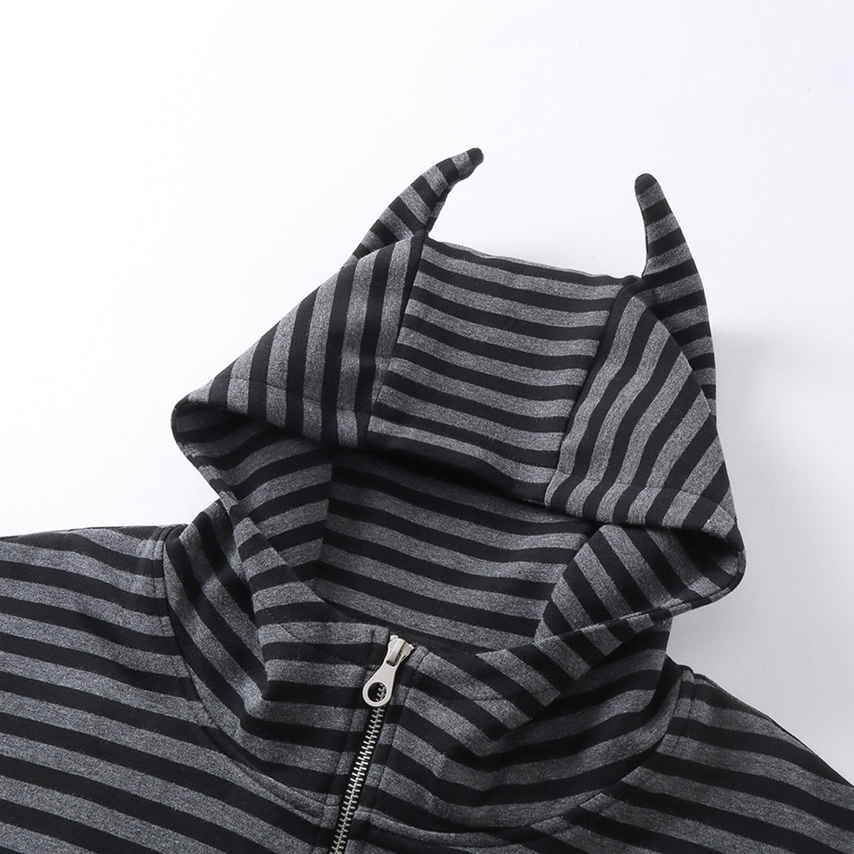 Bat Ear Zip-Up Hoodie – Oversized Dark Stripe Full-Face Mask Hood