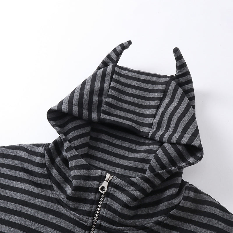 Bat Ear Zip-Up Hoodie – Oversized Dark Stripe Full-Face Mask Hood