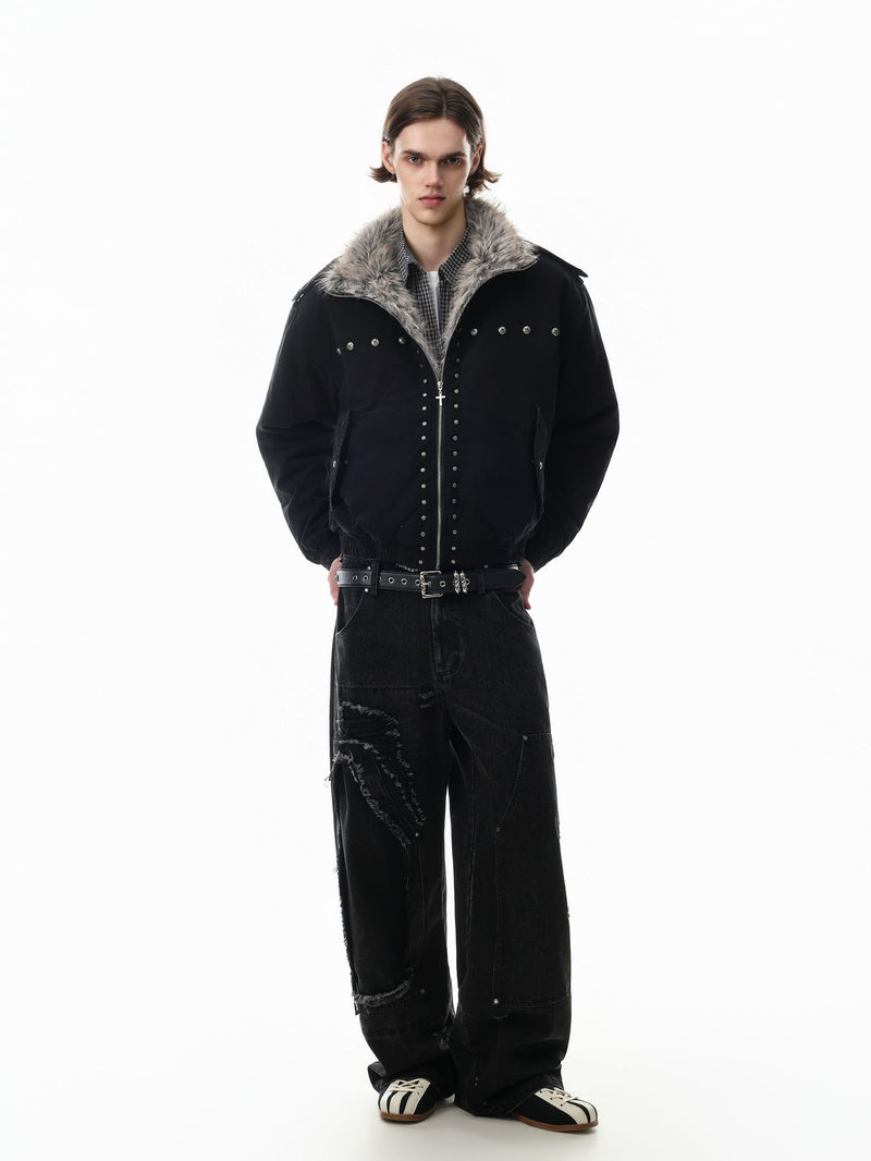 Studded Faux Fur Collar Bomber Jacket – Padded Moto-Inspired Winter Coat