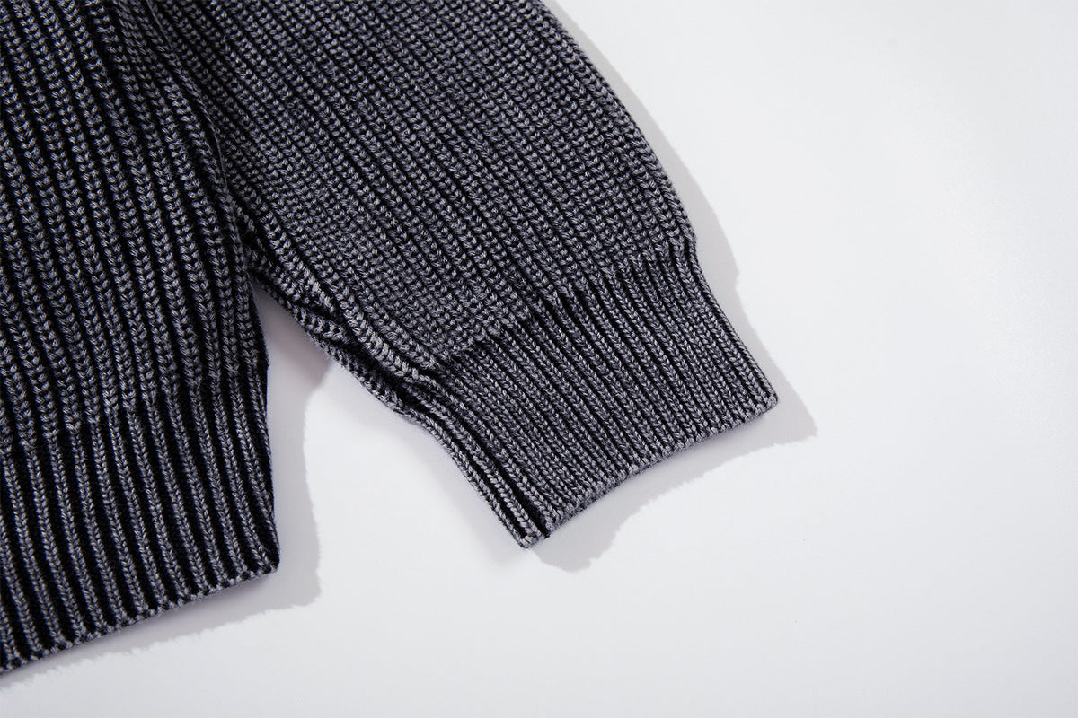 Washed Ribbed Knit Hoodie Sweater – Vintage Acid-Wash Oversized Pullover