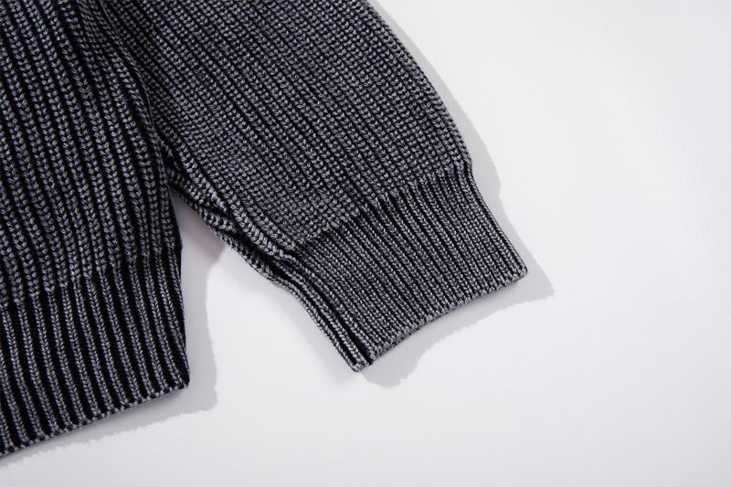 Washed Ribbed Knit Hoodie Sweater – Vintage Acid-Wash Oversized Pullover