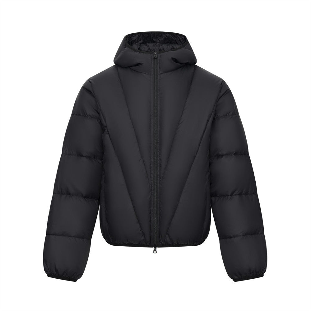 Men's oversized hooded puffer down jacket with V-shaped quilted panel in black, front view